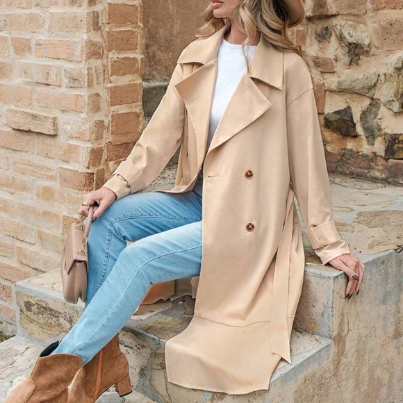 Khaki Preppy Womens Double Breasted Ruffle Hem Belted Trench Coat - Picture 5 of 5